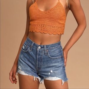 Levi’s 501 Original High Rise Medium Wash Distressed Denim Shorts